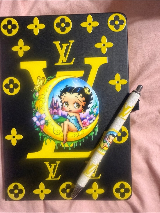 Hand Crafted Accessories - Black & Yellow journal with Whimsical Moon Illustration and matching pen.